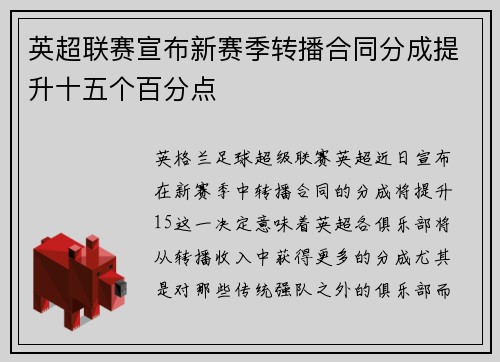 英超联赛宣布新赛季转播合同分成提升十五个百分点